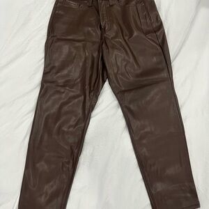 Brown petite faux-leather straight leg pants #leatherpants